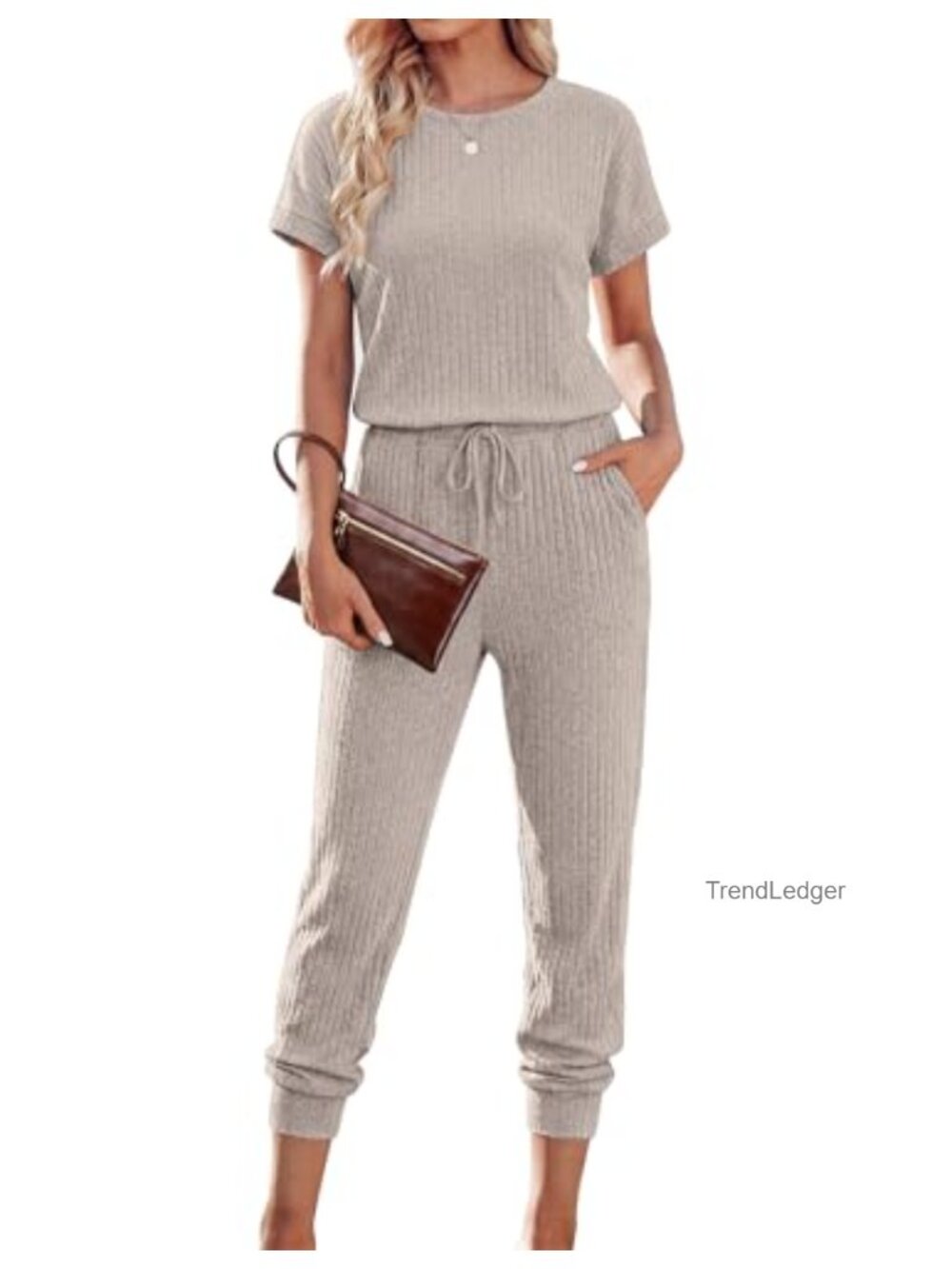 Ekouaer Women's Ribbed Knit Jumpsuit Short Sleeve Drawstring Casual Romper